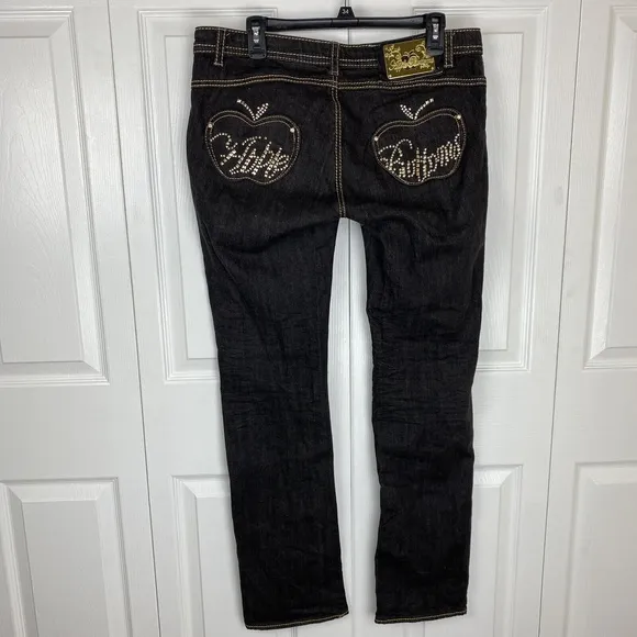 Apple Bottom Jeans 10 X33 Y2K Black Denim Studded Low Rise Straight Leg Gold VTG