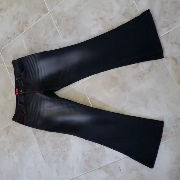 ❤ APPLE BOTTOMS | Y2K Vintage Style Black Denim Red Thread Detail Flare Leg