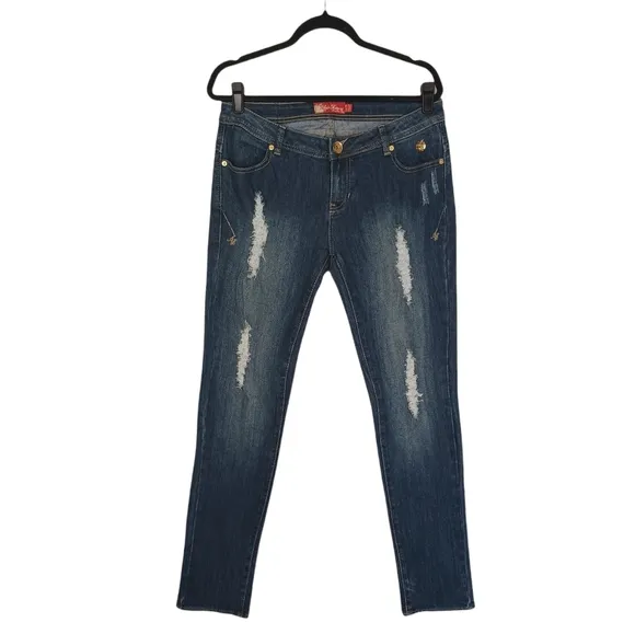 APPLE BOTTOMS Gold Detail Back Pocket Distressed Slim Skinny Blue Jeans 11/12