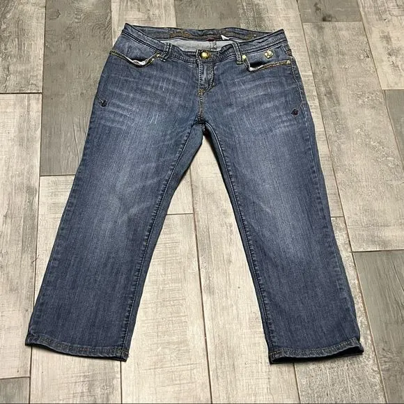 VTG Y2k Apple Bottoms Contrast Stitch Gold Sequins Bling Low Rise Ankle Jean 7 8