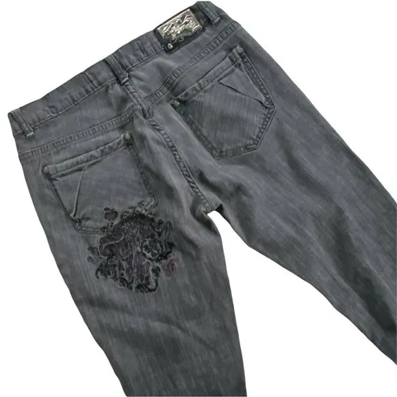 Apple Bottom Jeans 9 /10 Gray Low Rise Denim Embroidered Pockets Ankle Zippers