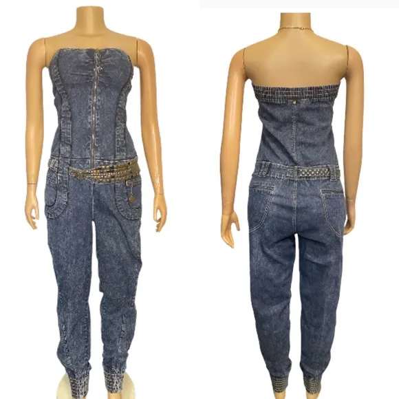 Y2K Apple Bottom Jeans Denim Jumpsuit strapless gathered ankles size 11/12