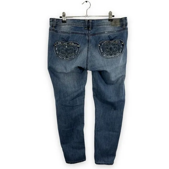 Vtg Apple Bottom Jeans Rhinestones Apple Pockets Distressed Blue Y2K 34x28 (7/8)