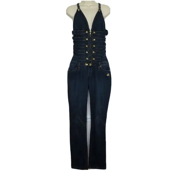 Apple Bottoms Size 9/10 Dark Blue Wash Denim Jeans Strappy Overalls Y2K 2000s