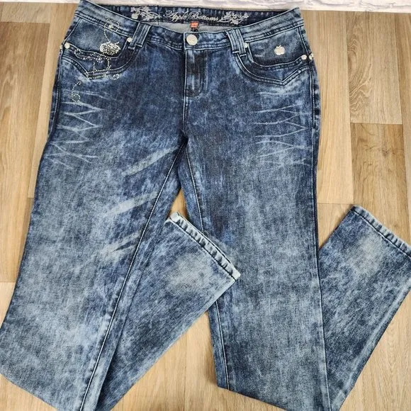 Apple Bottoms Women's 11/12 Blue Denim Acid Washed Rhinestone Embellished Jeans