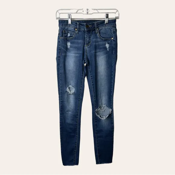 ARTICLE OF SOCIETY DISTRESSED SKINNY DENIM JEANS SIZE 24 RAW HEM 5 DESIGN POCKET