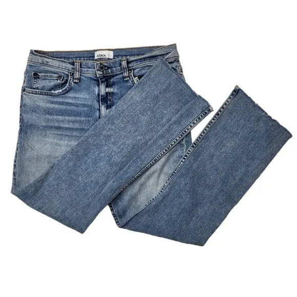 Askk NY High Waist Ankle Flare Jeans Distressed Raw Hem Denim Montauk Wash Sz 31