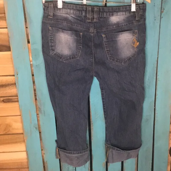 Baby Phat fashions Silver Label cuffed cropped jeans size 13 Siamese cat logo