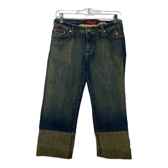 Vintage Y2K Baby Phat Gold Cat Logo Jeans Jr 5 Cropped Cuff Skinny Distressed 29