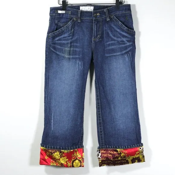 Baby Phat Y2K Denim Capri Red Satin Cuff Cropped Blue Jeans