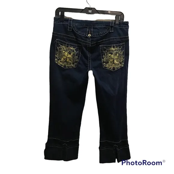 Baby Phat Y2K Women's Jr. Size 11 Capris Rolled Dark Wash Gold Stitching Pockets