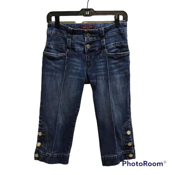 Baby Phat Y2K Womens Jr. Size 7 Cropped Button Med Wash Gold Logo Stitch Pockets
