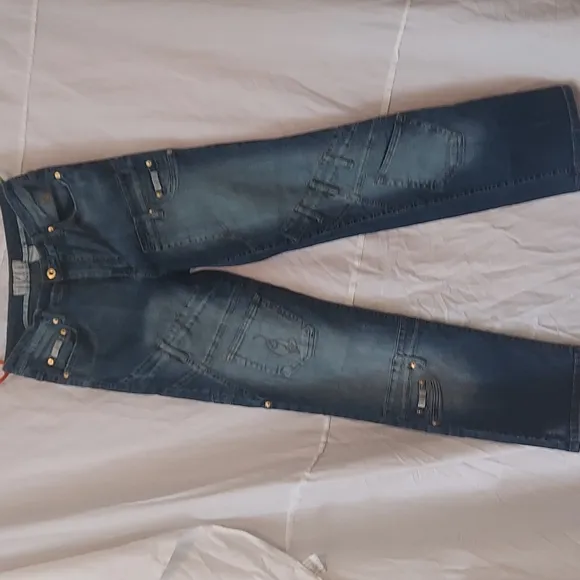 Baby Phat Y2K Capri Blue Jeans Gold Cat Logo Pocket Light Wash Distress