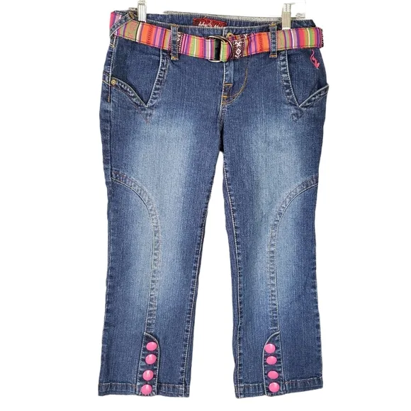 VTG Y2K Baby Phat Low rise Crop Jeans Belted Embroidered Kitty 9 Juniors