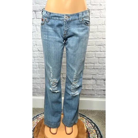Y2K Vintage Baby Phat Women's Light Wash Distressed Low Rise Flare Jeans Size 30