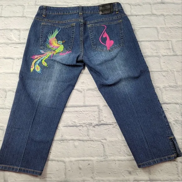 Baby Phat Embroidered Peacock Dark Wash Denim Capri Jeans size 11/12