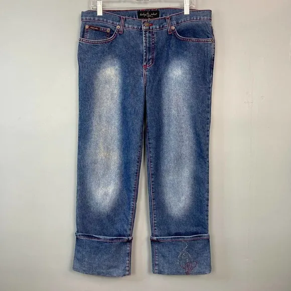 BABY Phat Jean Co Cuffed Cropped Bling Rhinestone Studded Jeans Juniors Size 13