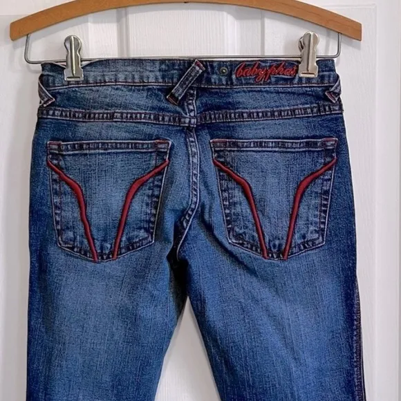 Baby phat Vintage Blue Denim Red Trim Distressed Jeans Size 1