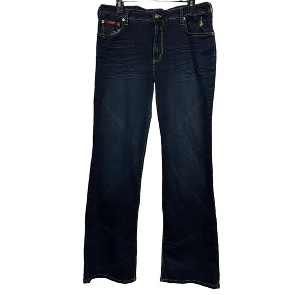 Baby Phat Y2K Vintage Mid Rise Bootcut Jeans Dark Blue Distressed Women's 16