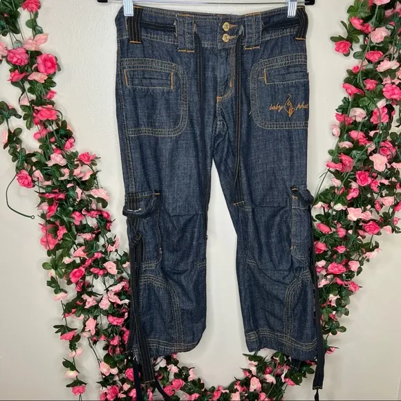 Baby Phat Dark Wash Blue Cargo Capri Jeans Womens 3 Casual Outdoor Walking