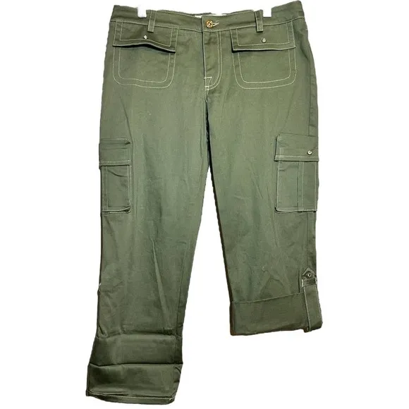 Baby Phat Cargo Jeans Convertible Mid Rise Flap Pockets Rolled Hem Olive 9 35"