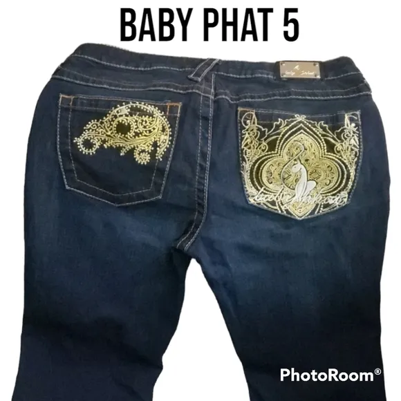 Baby Phat blue jeans size 5 embroidered back pockets cat gold euc rn#111185