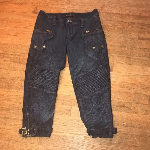 BABY Phat  Woman’s denim Jeans Capri Cargo Moto Leg Buckle Zip Dark Wash size 5