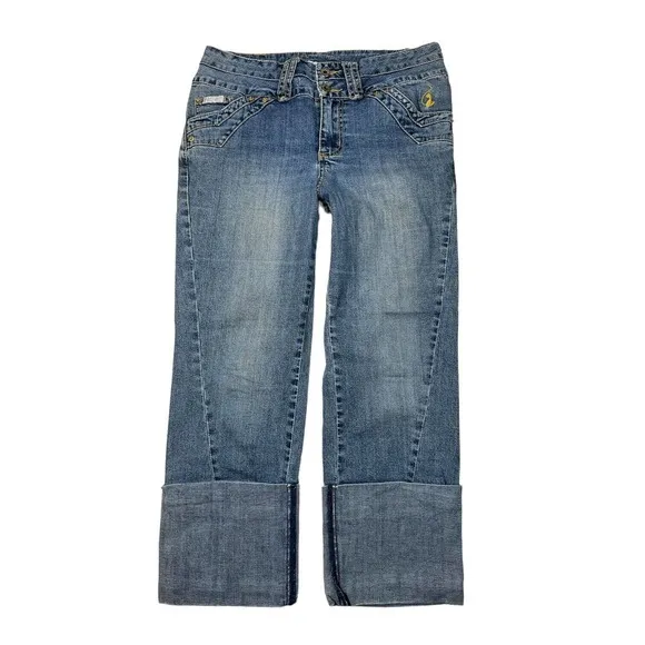 Baby Phat High Waisted Cuffed Cropped Jeans Gold Printed Pockets Y2K Womens 14