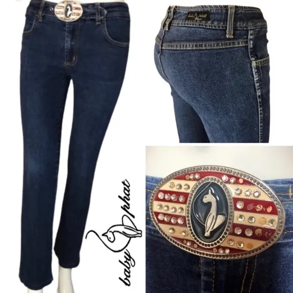 Baby Phat Y2K 2000's Rhinestone Buckle Seductive Denim Blue Jeans Sz 5