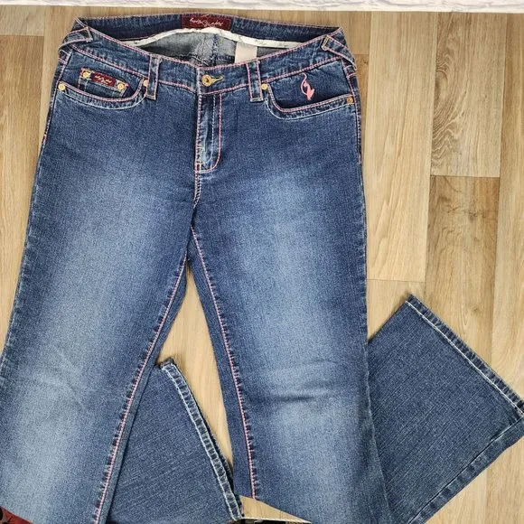 Baby Phat VTG 90s Junior Women's Size 13 Flare Leg Embroidered Pocket Blue Jeans