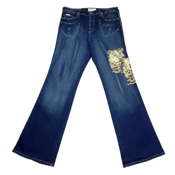 Baby Phat Rare 90s Y2K Grommet Goldtone Bling Graphic Boot Cut Jeans Size 16