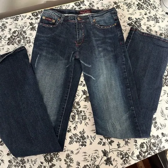 Baby Phat Bootcut Jeans Women Size 9 Blue Distressed Cat Logo Embroidery Retro