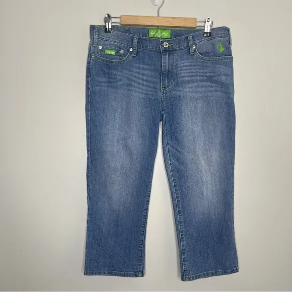 Y2K Baby Phat Capri Jeans Mid Rise Green Top Stitch Junior size 11