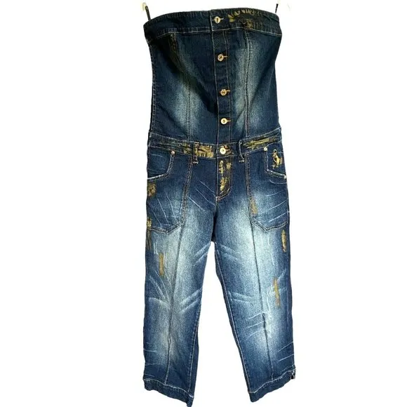 Baby Phat Wide Leg Jumpsuit Juniors 7 Stretch Strapless Capri Dark Wash Y2K