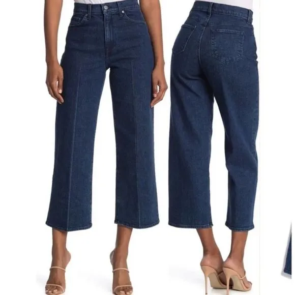 BLDWN High Waisted Cropped Wide Leg Pleated Jeans