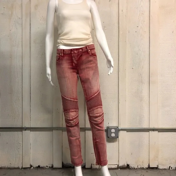 Balmain Ribbed Knee Red Jeans, Sz 38, US 2