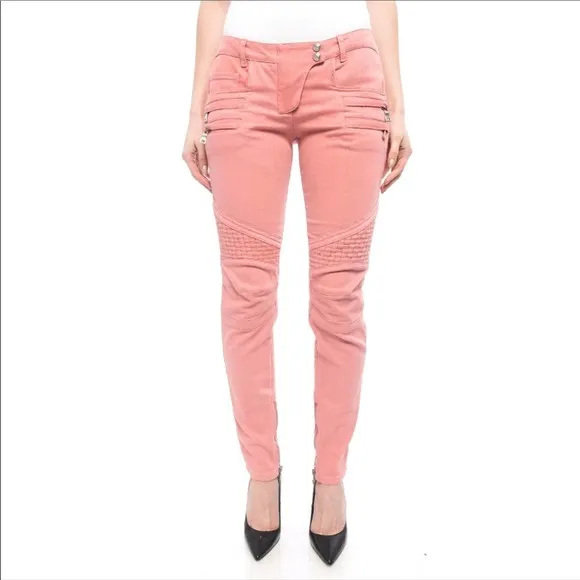 Balmain Pink Moto Ribbed Skinny Ankle Zip Jeans Low Rise