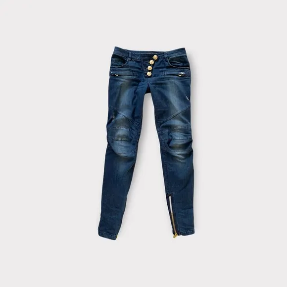 🎁 BALMAIN Stunning distressed navy blue denim skinny low waist jeans FR36 XS 25