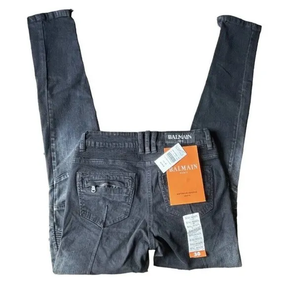 NWT Balmain Moto Denim Jeans Distressed Italy Black Size 30x31 Women $2250MSRP
          
      NWT