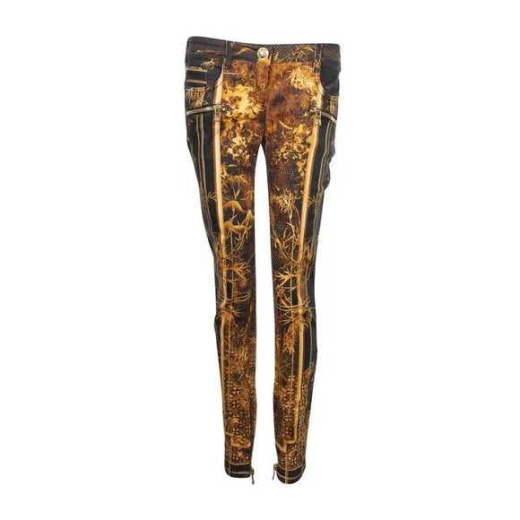 Pre Loved Balmain Gold & Black Bamboo Print Stretch Jeans Black Women