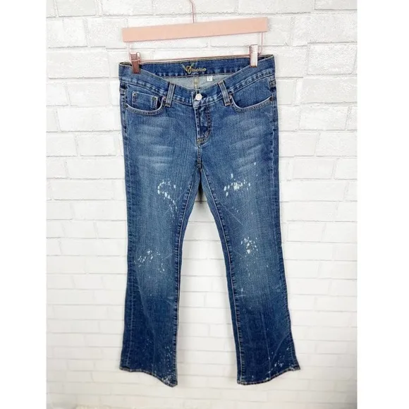 Bebe Paint Splatter Jeans with Embellished Pockets Size 28