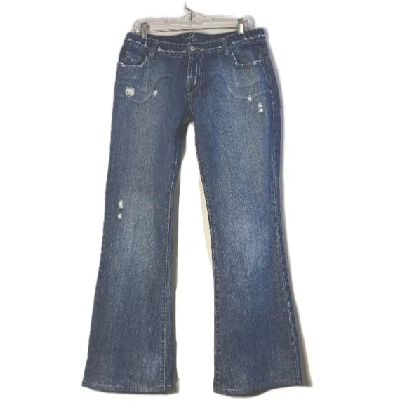 bebe Distressed Sophie Blue Jeans Slight Flare Mid Rise SZ 30