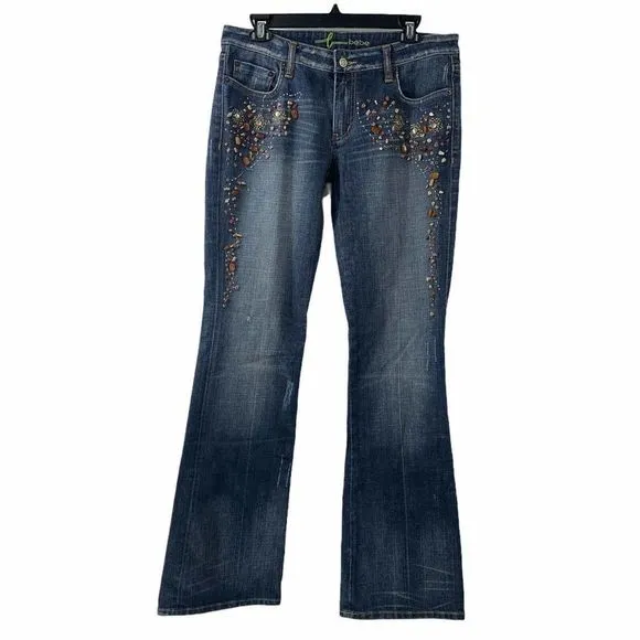Bebe Y2K Jeans Beaded Size 30 Boot Cut Bohemian Stone Embellished Low Rise 2000s