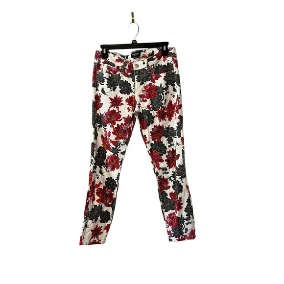 Bebe Vintage Floral Skinny Jeans Red White size 29 Y2K Crop Low Rise