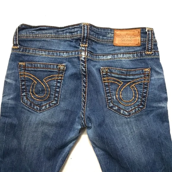 Big Star Sophie Dark Wash Stretch Distressed Low Rise Boot Cut Blue Jeans Sz 28R