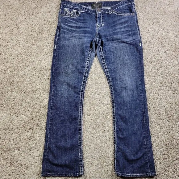 Big Star Jeans Womens 32L Maddie Boot Cut Blue Embroidered STAINS