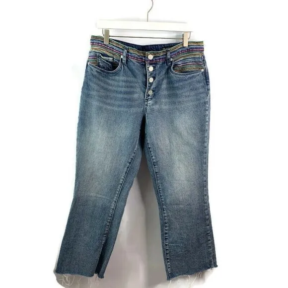 BLANK NYC Womens The Varick Blue Flared Jeans Rainbow Embroidery Button Fly 31