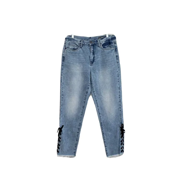 BLANKNYC Women's 29 High Rise Tapered Lace Up Raw Hem With 5 Pockets Denim Jeans