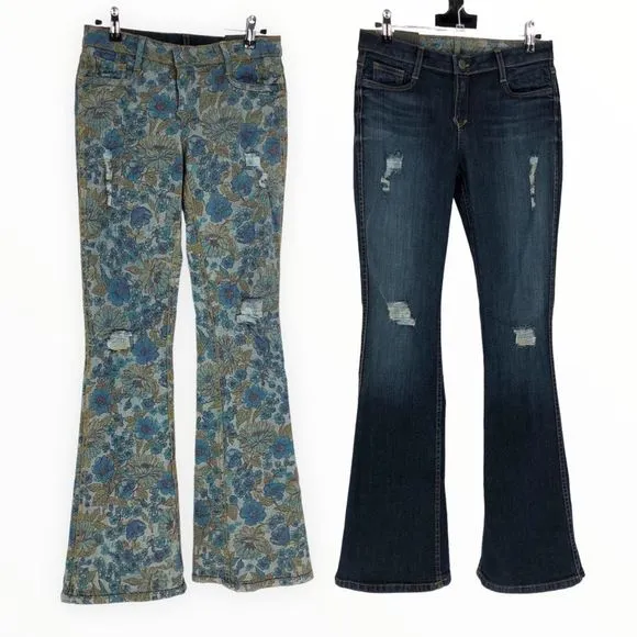 Bleulab Reversible Blue Floral Dark Denim 8 Pocket Flare Denim Jeans size 28