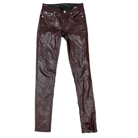 BLK DNM Womens Burgundy Faux Leather Slim Fit Skinny Jeans Size W24XL30